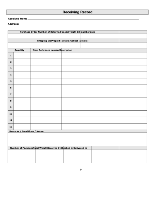 Receiving Record Form printable pdf download