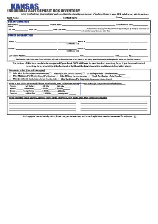 Fillable Kansas Individual Safe Deposit Box Inventory Form printable pdf download
