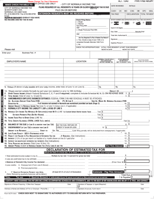 Fillable Form Ncty1040 Tax City Of Norwalk printable pdf