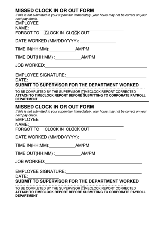 Missed Clock In Or Out Form printable pdf download