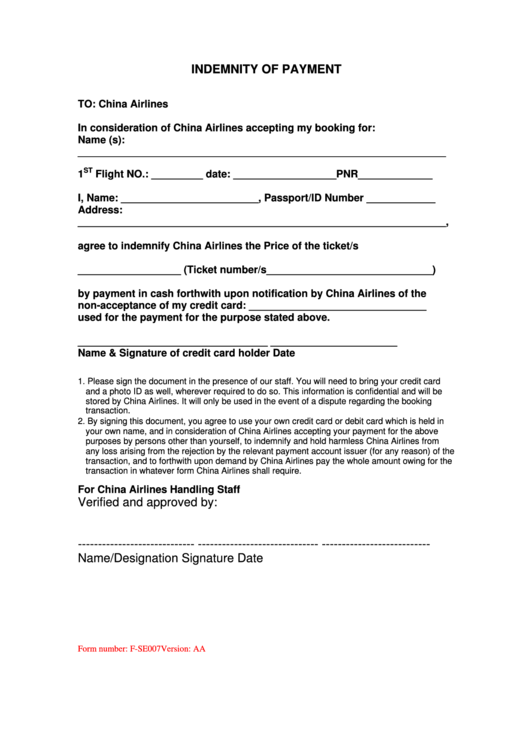 Indemnity Of Payment printable pdf download