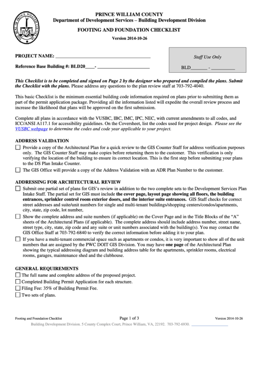 Fillable Footing And Foundation Checklist Prince William County