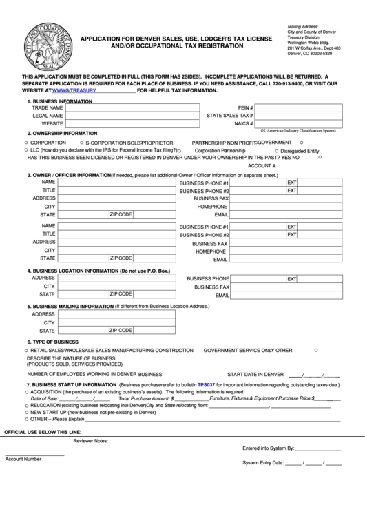 Fillable Application For Denver Sales, Use, Lodger'S Tax License And/or Occupational Tax