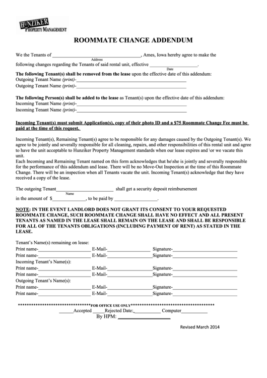 Roommate Change Addendum printable pdf download