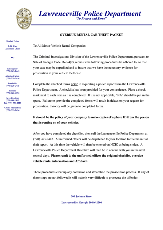 Overdue Rental Car Theft Packet Lawrenceville Police Department