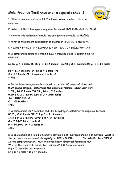 Mole Practice Test printable pdf download