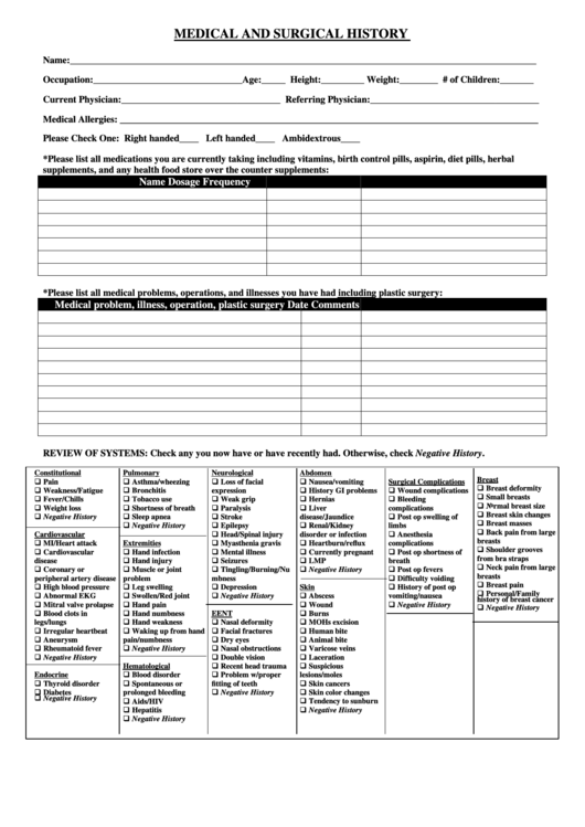 Medical And Surgical History printable pdf download