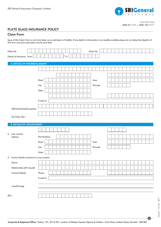 Plate Glass Claim Form Sbi General printable pdf download