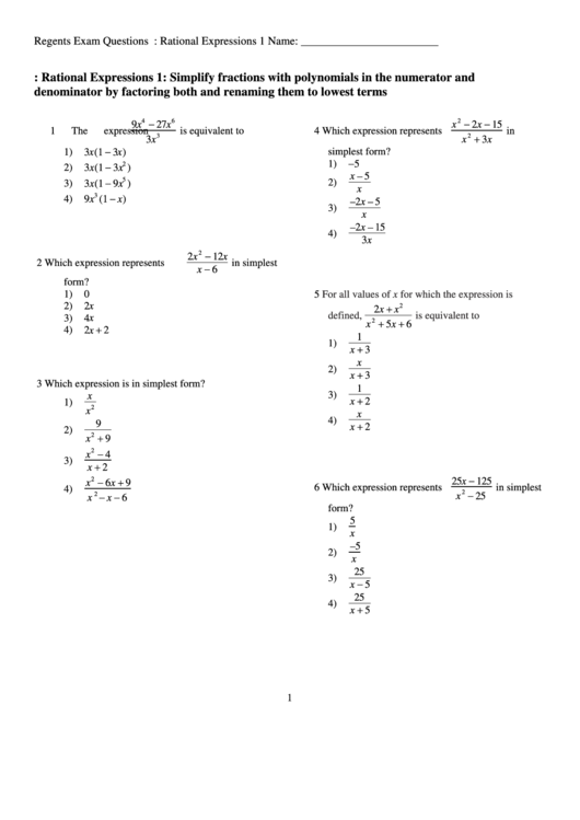 Rational Expressions Worksheet Template printable pdf download