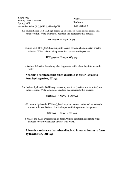 Chemistry Worksheet Template Arrhenius Acids (With Answer Key) printable pdf download