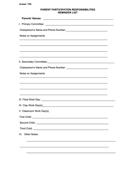 Parent Participation Responsibilities Reminder List Template printable