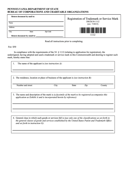 Fillable Registration Of Trademark Or Service Mark Pennsylvania