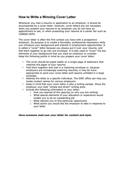 Sample Winning Cover Letter Template printable pdf download