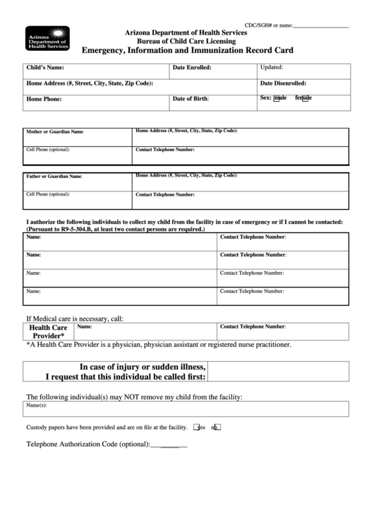 Fillable Emergency Information And Immunization Record