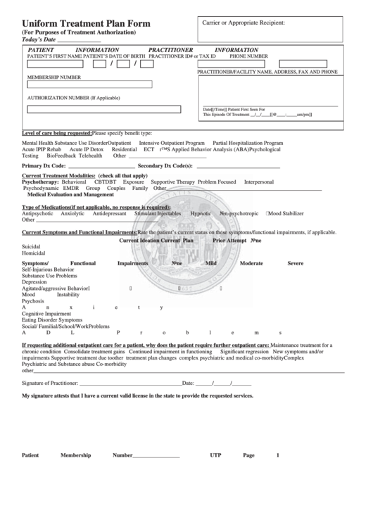 Uniform Treatment Plan Form printable pdf download