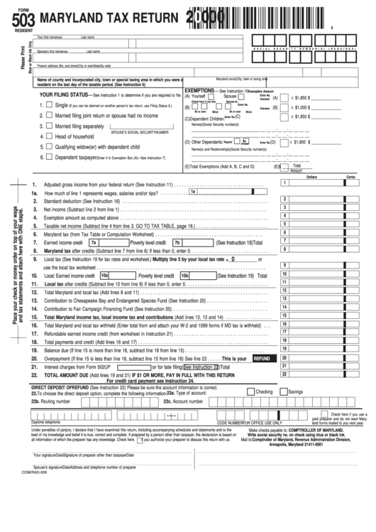 Fillable Form 503 Maryland Tax Return 2000 printable pdf download
