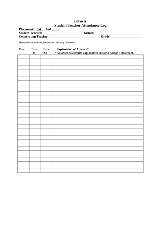 Fillable Student Teacher Attendance Log printable pdf download