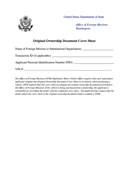Original Ownership Document Cover Sheet Us Department Of State