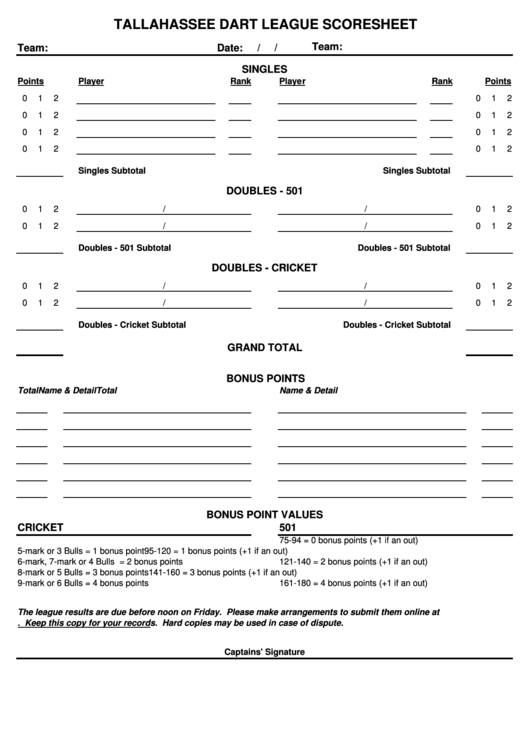 Tallahassee Dart League Scoresheet printable pdf download