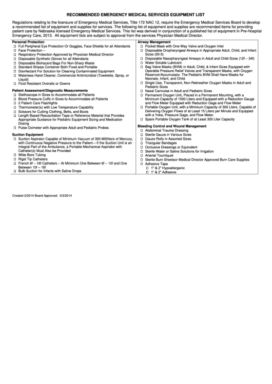 Fillable Emergency Medical Services Equipment List