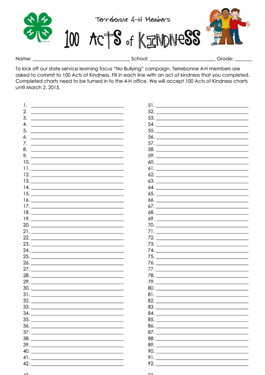 100 Acts Of Kindness Checklist Template printable pdf download