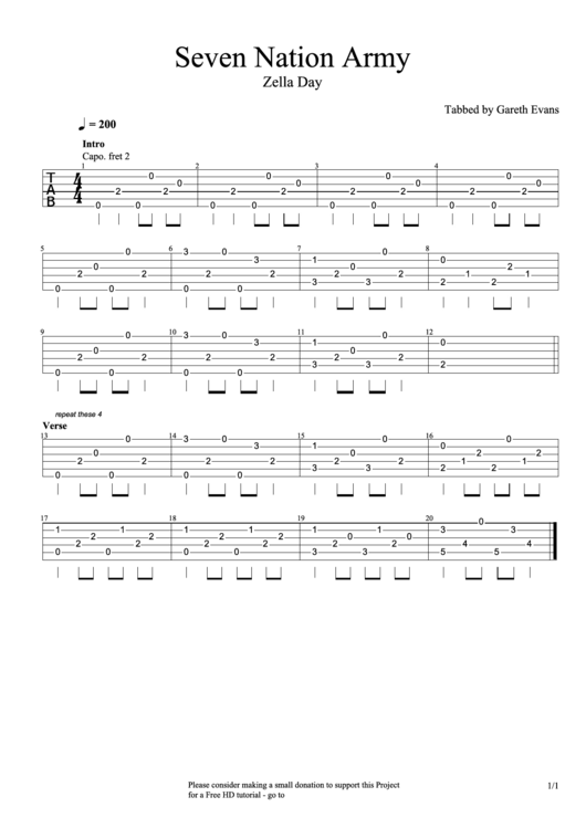 Seven Nation Army Zella Day Fingering Chart printable pdf download