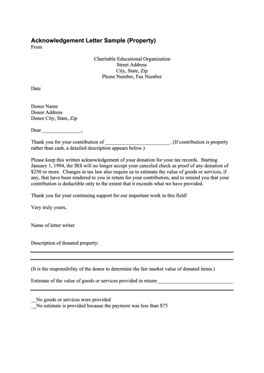 Sample (Property) Acknowledgement Letter Template printable pdf download