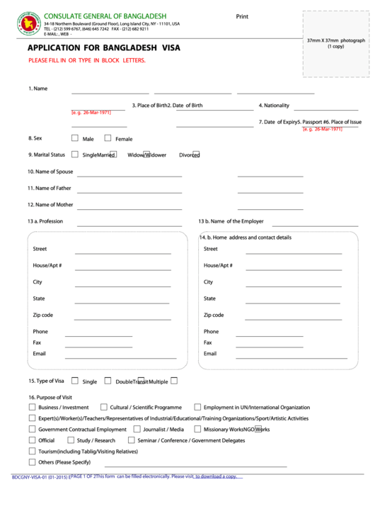 Fillable Form BdcgnyVisa01 Application For Bangladesh Visa