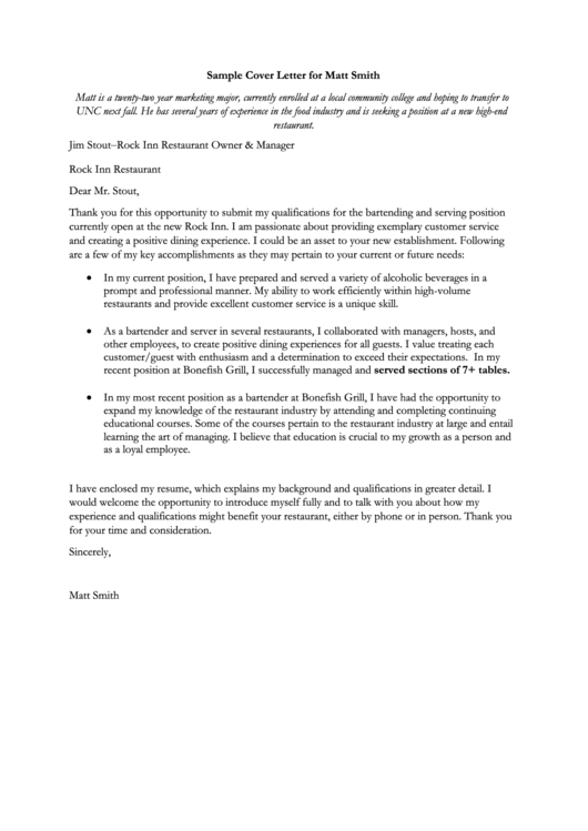 Sample Cover Letter Bartender printable pdf download