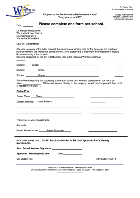 Moving Into The Wentzville School District printable pdf download