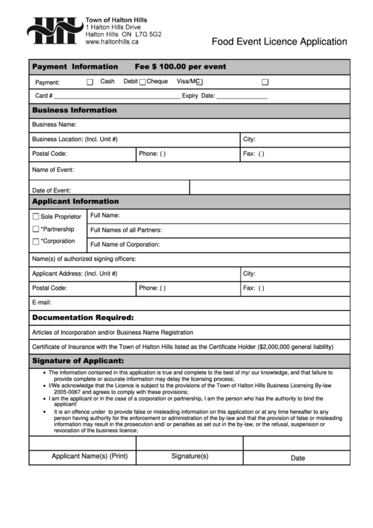 Food Event Licence Application Form printable pdf download