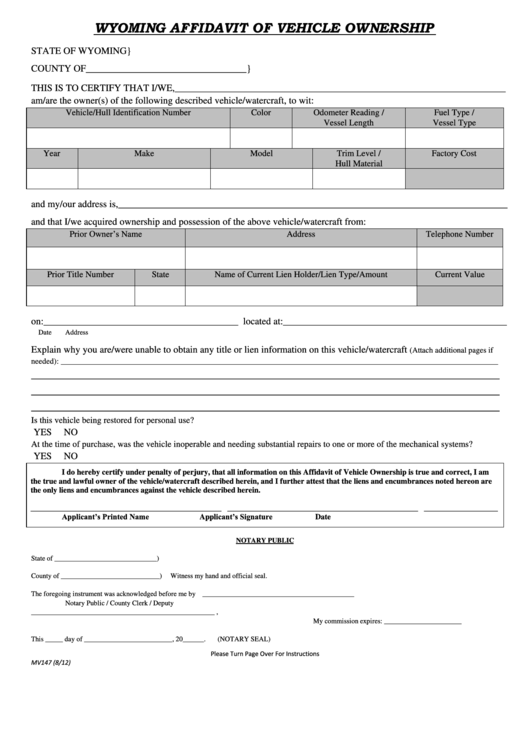 Form Mv147 Wyoming Affidavit Of Vehicle Ownership printable pdf download