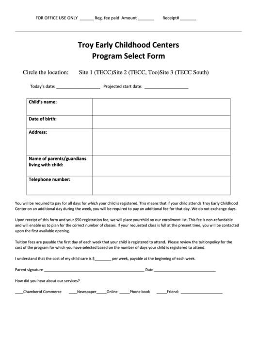 Troy Early Childhood Centers Program Select Form printable pdf download