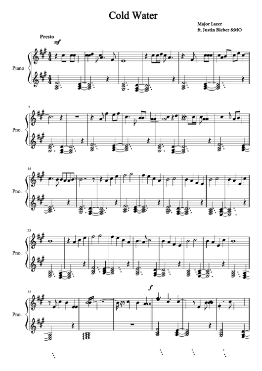 Cold Water Major Lazer (Piano Sheet Music) printable pdf download