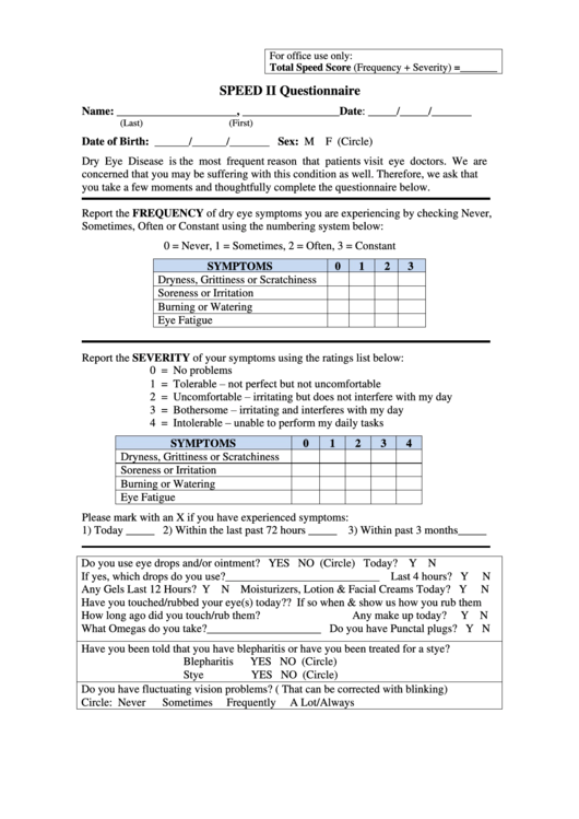 Speed Ii Questionnaire Template (Dry Eye Disease) printable pdf download