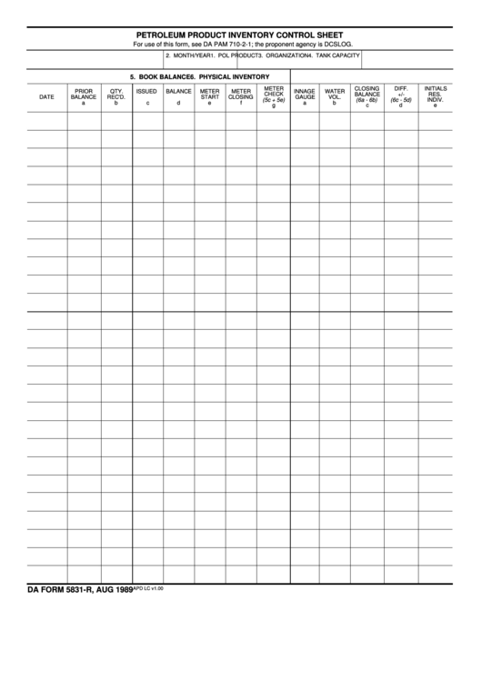 Fillable Da Form 5831R Petroleum Product Inventory Control Sheet
