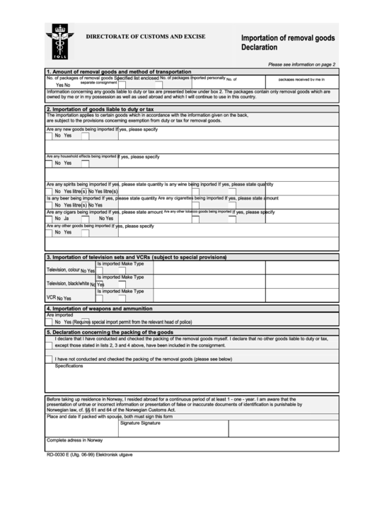 Importation Of Removal Goods Declaration Form printable pdf download