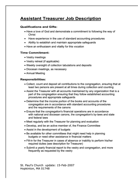 Assistant Treasurer Job Description printable pdf download