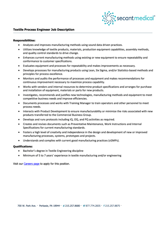 Textile Process Engineer Job Description printable pdf download