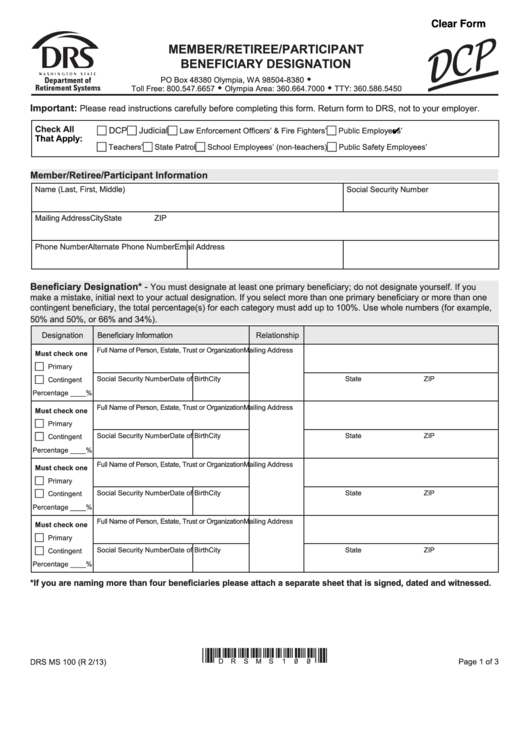 Fillable Form Drs Ms 100 (Rev 2/13) Member/retiree/participant