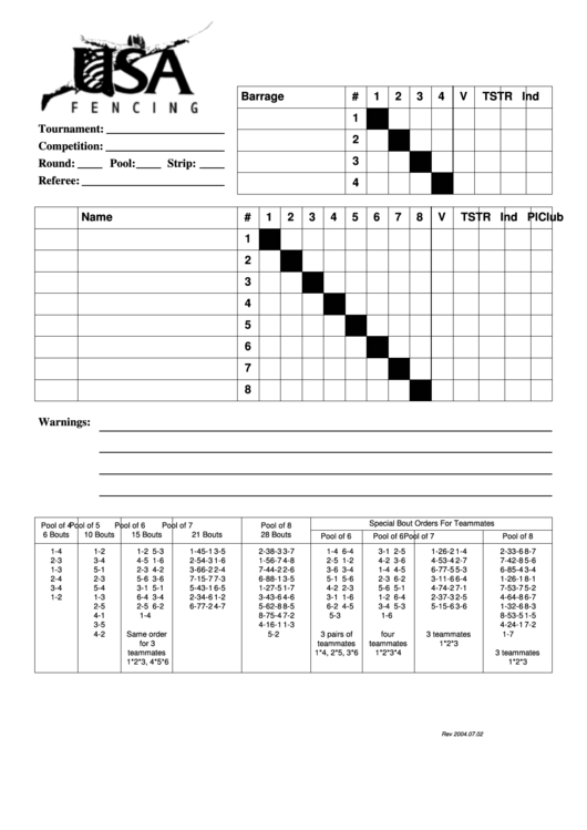 Fencing Score Sheet Template printable pdf download