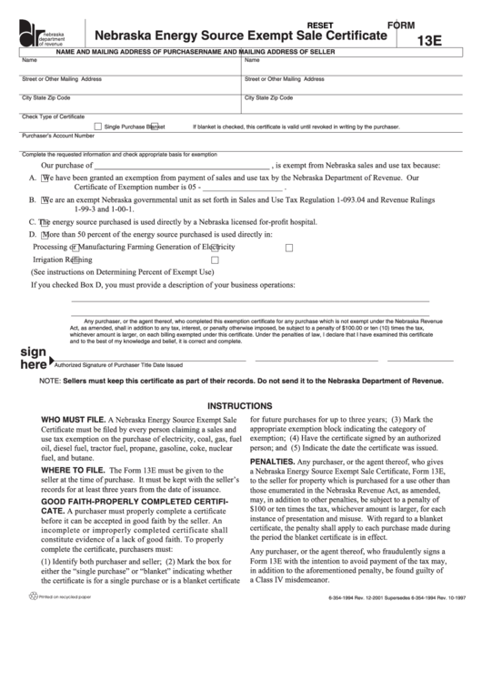 Fillable Form 13e Nebraska Energy Source Exempt Sale Certificate 1997 printable pdf download