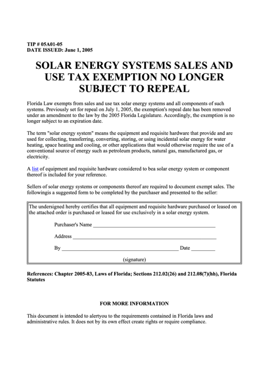 Solar Energy Systems Sales And Use Tax Exemption No Longer Subject To