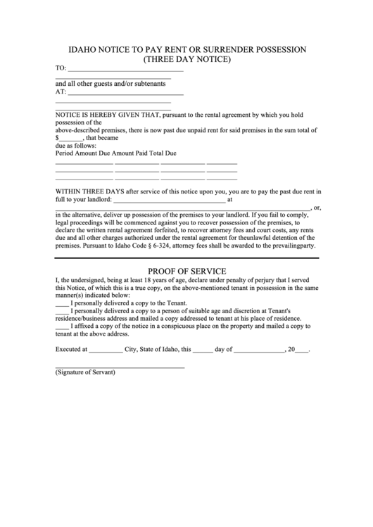 Fillable Notice To Pay Rent Or Surrender Possession Template Idaho