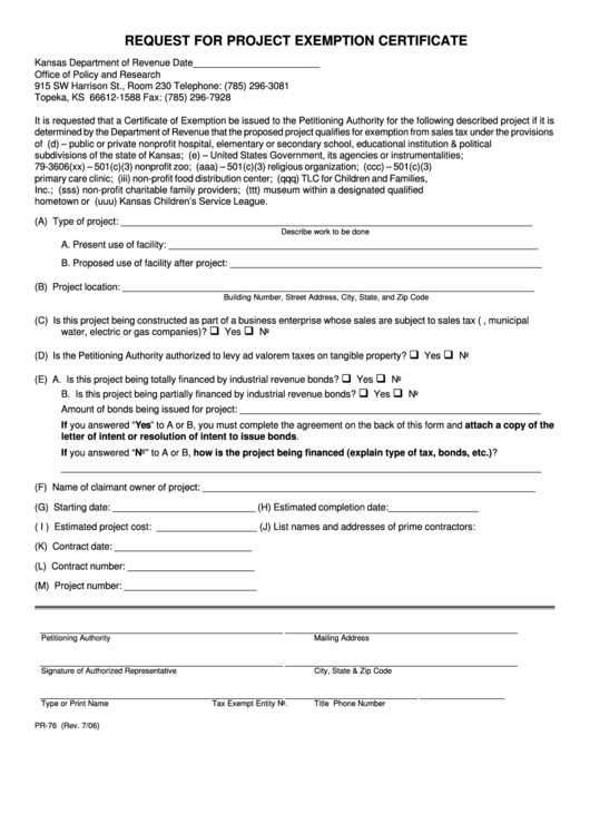 Fillable Form Pr76 Request For Project Exemption Certificate printable pdf download