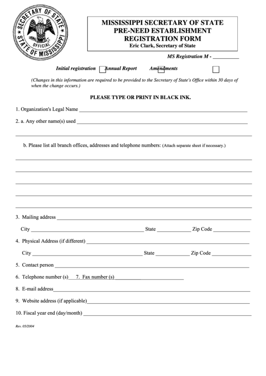 PreNeed Establishment Registration Form Mississippi Secretary Of