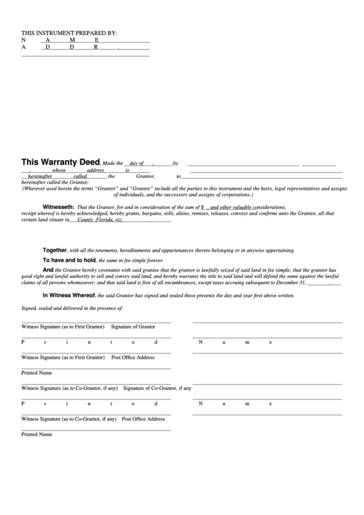 Fillable Warranty Deed Form State Of Florida, County Of Seminole