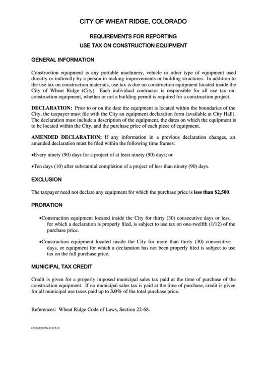 Construction Equipment Declaration For Proration Of Municipal Use Tax