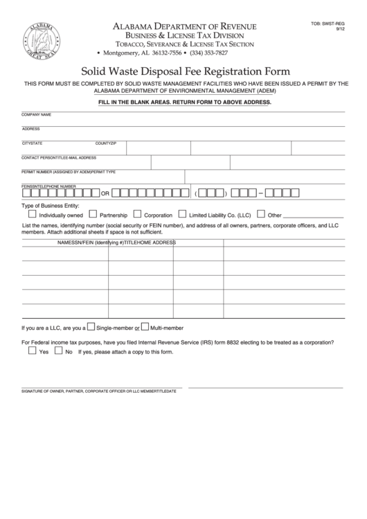 Fillable Solid Waste Disposal Fee Registration Form Alabama
