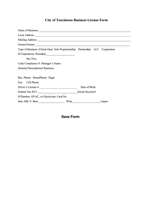 Fillable Business License Form City Of Tuscaloosa printable pdf download
